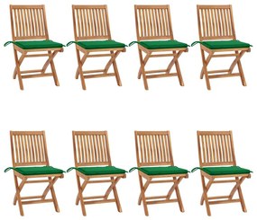 Καρέκλες Κήπου Πτυσσόμενες 8 τεμ. Μασίφ Ξύλο Teak με Μαξιλάρια - Πράσινο