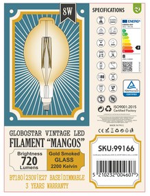 GloboStar® 99166 Λάμπα LED Long Filament E27 BT180 MANGOS Γλόμπος 8W 720lm 360° AC 220-240V IP20 Φ18 x Υ39cm Ultra Θερμό Λευκό 2200K με Μελί Γυαλί - Dimmable - 3 Χρόνια Εγγύηση