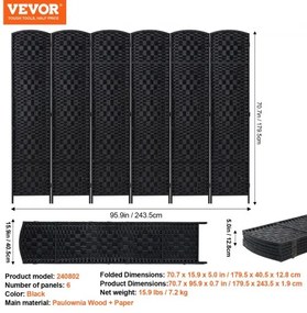 VEVOR 6 Panel Room Divider Hand-Woven Folding Privacy Screen with Hinges Black