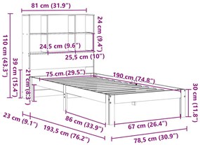 Κρεβάτι Βιβλιοθήκη Χωρίς Στρώμα 75x190 εκ Μασίφ Ξύλο Πεύκο - Καφέ