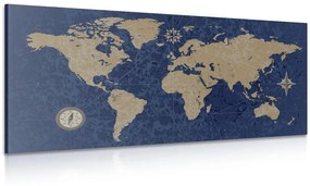 Εικόνα παγκόσμιου χάρτη με πυξίδα σε ρετρό στυλ σε μπλε φόντο - 100x50