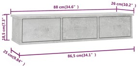 vidaXL Ράφι Τοίχου με Συρτάρια Γκρι Σκυροδ. 88x26x18,5 εκ. Επεξ. Ξύλο