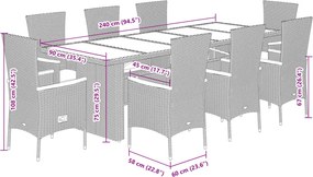 vidaXL Σετ Τραπεζαρίας Κήπου 9 τεμ. Γκρι Συνθ. Ρατάν με Μαξιλάρια