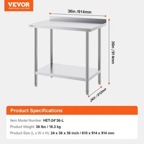 VEVOR Stainless Steel Work Table Commercial Kitchen Work Food Prep Table 24"x36"