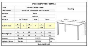 Τραπέζι Bar Lavida 120Χ60 Mεταλ.Φυσικό 120x60x106cm