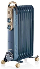 Καλοριφέρ λαδιού Ariete VINTAGE 0838, 2000W, 9 Ribs, 3 Stage, Power Indicator, 360C Περιστρεφόμενοι Τροχοί, Λαβή, Μπλε
