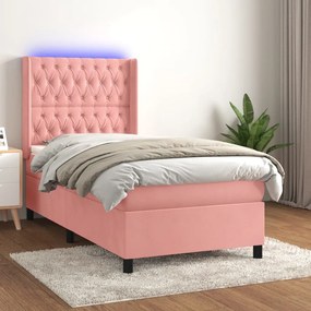 vidaXL Κρεβάτι Boxspring με Στρώμα &amp; LED Ροζ 100x200 εκ. Βελούδινο