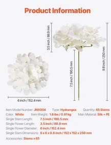VEVOR 65 Pcs Artificial Silk Hydrangea Flowers 9.8 In Bouquet Arrangement White