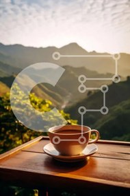 Σετ των 2 Intra Συλλεκτικό Ξύλινο Παζλ Plywood  4mm - Φλιτζάνι καφέ σε ξύλινο τραπέζι με θέα στο βουνό Σε Ξύλινο Κουτί - Διαστάσεις: 10x10 cm – 25 κομμάτια