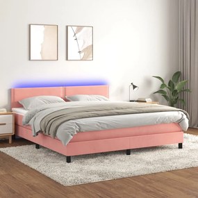 vidaXL Κρεβάτι Boxspring με Στρώμα &amp; LED Ροζ 180x200 εκ. Βελούδινο