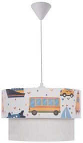 PENDANT CEILING LAMP  KIDS’ ROOM DOUBLE WHITE DRUM SHADE WITH MULTICOLORED SPACECRAFT  FIGURES 30x19x70 εκ.