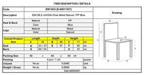 Καρέκλα Lavida Μεταλλική Φυσικό/PP Μπλε 43x48x77cm (Σετ 4 ΤΕΜ)