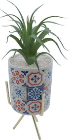 Τεχνητό Φυτό σε Κεραμικό Ethnic Γλαστράκι και Μεταλλική Βάση 8x25cm - Άσπρο