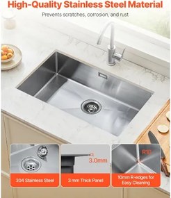 VEVOR 70cm Kitchen Sink Undermount Single Bowl Drop-In Basin Stainless Steel Bar