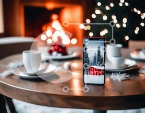 Intra Συλλεκτικό Ξύλινο Παζλ Plywood  4mm - Smartphone σε Oak τραπεζαρία με κούπες καφέ και τζάκι Σε Ξύλινο Κουτί - Διαστάσεις Puzzle: 10x10 cm – 25 κομμάτια