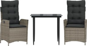 vidaXL Σετ Τραπεζαρίας Κήπου 3 τεμ. Γκρι Συνθ. Ρατάν με Μαξιλάρια