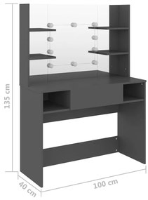 vidaXL Έπιπλο Μακιγιάζ με Φωτισμό LED Γκρι 100 x 40 x 135 εκ. από MDF