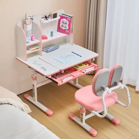 VEVOR Kids Study Chair and Desk with Bookshelf &amp; Drawer Height Adjustable Pink