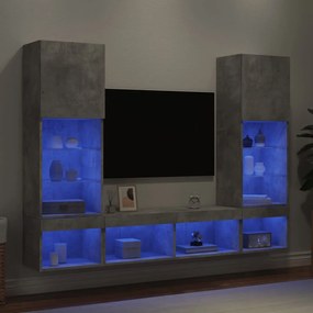 vidaXL Έπιπλα Τοίχου Τηλεόρασης 5 τεμ. LED Γκρι Σκυρ. από Επεξ. Ξύλο