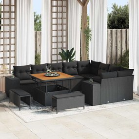 vidaXL Σετ Καναπέ Κήπου 12 Τεμαχίων με Μαξιλάρια σε Μαύρο Πολυ-ρατάν Ακακία.