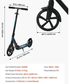 VEVOR Kick Scooter for Kids Ages 8+, Teens &amp; Adults, 2-Wheel Toddler Scooter with Adjustable Height Handlebar, Wide Anti-Slip Deck, Foldable Lightweight for Boys &amp; Girls up to 99.8 kg, Black + Blue