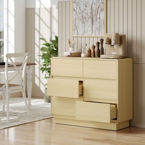 Sideboard 100 cm, Ντουλάπι Μπουφέ με 6 Συρτάρια, Συρταριέρα για Κουζίνα, Σαλόνι, Τραπεζαρία, Φυσικό Ξύλο