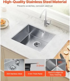 VEVOR 50cm Kitchen Sink Undermount Single Bowl Drop-In Basin Stainless Steel Bar
