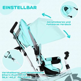 Παιδικό τρίκυκλο HOMCOM, ποδήλατο για παιδιά, πίσω καλάθι, ποτηροθήκη, τέντα, μέταλλο, Πράσινο