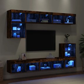 vidaXL Έπιπλα Τοίχου Τηλεόρασης 8 τεμ LED Καπνιστή Δρυς από Επεξ. Ξύλο