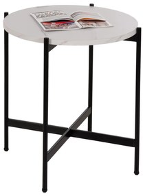 SIDE TABLE  MDF WHITE MARBLE-BLACK METAL BASE Φ50x55Hcm.