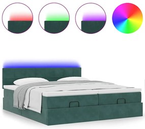 vidaXL Οθωμανικό κρεβάτι με στρώματα & LEDs Σκούρο πράσινο Βελούδο