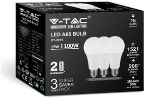 V-TAC Λάμπα LED E27 A65 SMD 15W ψυχρό λευκό 6500K συσκευασία 3 τμχ. 100lm/W 212818