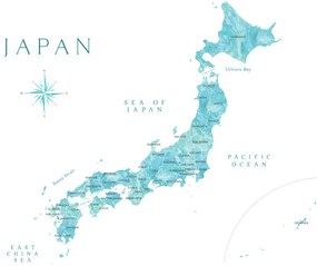 Χάρτης Map of Japan in aquamarine watercolor, Blursbyai