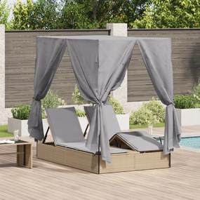 vidaXL Ξαπλώστρα με Στέγη και Κουρτίνες Μπεζ, 200x130x185 εκ. Πολυ Ράτταν
