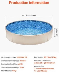 VEVOR Round Pool Liner 21ft Unibead Style Pool Liner 52in Wall Height