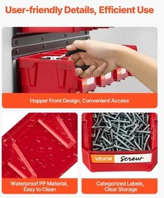 VEVOR Wall Mounted Storage Bins, 12 Plastic Bins &amp; 3 Metal Rails, Plastic Hanging Stackable Storage Bin for Screws, Nuts, Bolts, Nails, Hardware Tool Organizer for Workshop, Craft Room, Garage, Red