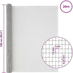 vidaXL Πλέγμα Οθόνης 100 x 2000 cm 18 Mesh Ανοξείδωτο Ατσάλι 201 Ασημί