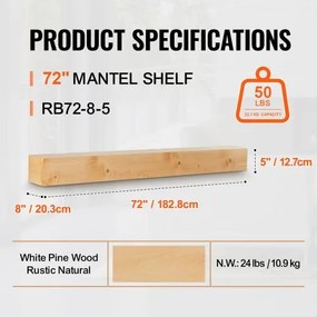 VEVOR Fireplace Mantel Wood Shelf Floating Rustic Fireplace Mantel 72&quot; Natural