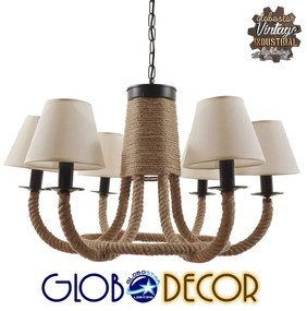 GloboStar® VERONE 10001020 Vintage Industrial Κρεμαστό Φωτιστικό Οροφής Πολύφωτο 6 x E14 Μαύρο Μεταλλικό Πολυέλαιος με Μπεζ Σχοινί Φ65 x Y45cm