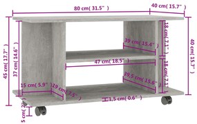 vidaXL Έπιπλο TV με Ρόδες Γκρι Σκυροδέματος 80x40x45 εκ. Επεξ. Ξύλο