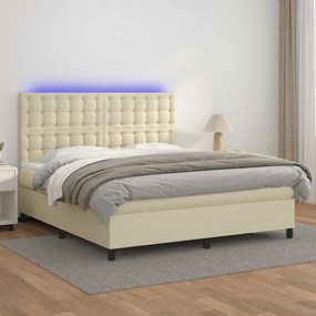 vidaXL Κρεβάτι Boxspring με Στρώμα &amp; LED Κρεμ 180x200 εκ. Συνθ. Δέρμα