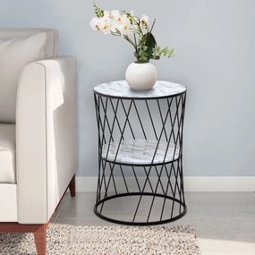 Τραπεζάκι βοηθητικό Jaspin Megapap μεταλλικό - Mdf χρώμα μαύρο-λευκό εφέ μαρμάρου 32x32x44εκ.