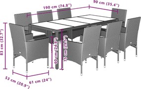 vidaXL Σετ Τραπεζαρίας Κήπου 9 τεμ. Γκρι Συνθ. Ρατάν/Ακακίας Μαξιλάρια