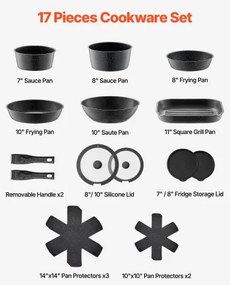 VEVOR 17 Piece Pots and Pans Set Granite Nonstick Kitchen Cookware Black