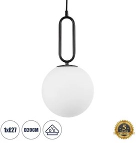 BELLISSIMO 61489 Μοντέρνο Κρεμαστό Φωτιστικό Μπάλα Μονόφωτο 1 x E27 IP20 Λευκό Γυαλί με Μαύρο Μέταλλο-Μ20 x Π20 x Υ Globostar-61 61489