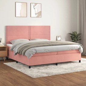 Κρεβάτι Boxspring με Στρώμα Ροζ 200x200 εκ. Βελούδινο - Ροζ