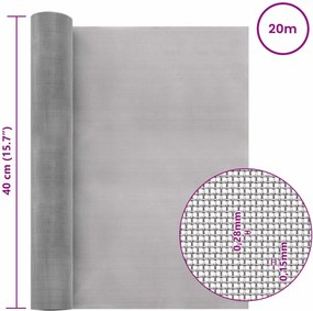 vidaXL Πλέγμα Οθόνης 60 mesh 40 x 2000 εκ Ανοξείδωτο Ατσάλι 201 Ασημί