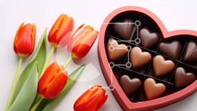 Intra Συλλεκτικό Ξύλινο Παζλ Plywood 4mm - Κουτί σοκολάτας σε σχήμα καρδιάς με πορτοκαλί τουλίπες Σε Ξύλινο Κουτί - Διαστάσεις: 10x10 cm – 25 κομμάτια