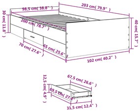 Πλαίσιο Κρεβατιού με συρτάρια Γκρι Σκυρ. 100x200 εκ. Επεξ. Ξύλο - Γκρι