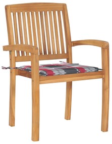vidaXL Καρέκλες Κήπου 2 τεμ. από Ξύλο Teak με Κόκκινα Καρό Μαξιλάρια
